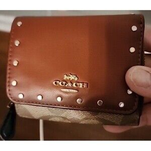 COACH Small Trifold Riley Riveted Wallet Signature Canvas, Logo, Brown Zip